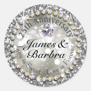 25th Anniversary Glitzy Diamond Bling   silver Classic Round Sticker