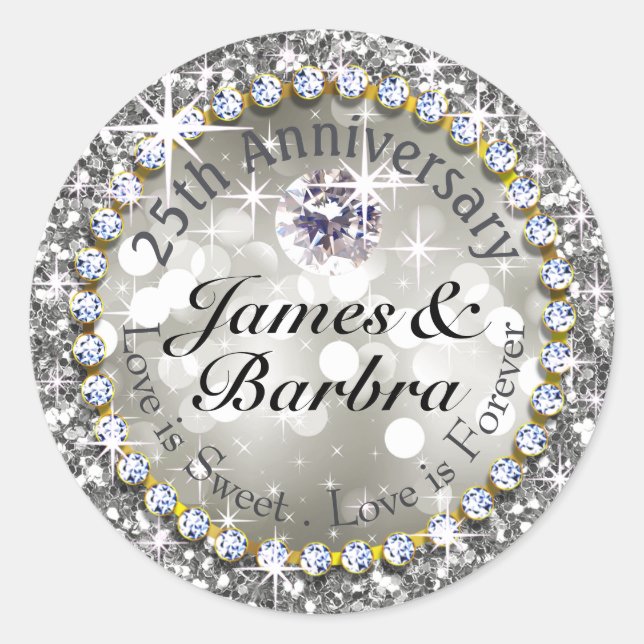 25th Anniversary Glitzy Diamond Bling | silver Classic Round Sticker (Front)