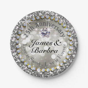 25th Anniversary Glitzy Diamond Bling   silver Paper Plate