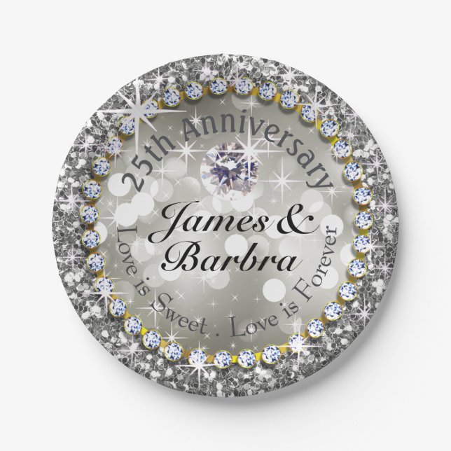 25th Anniversary Glitzy Diamond Bling | silver Paper Plate (Front)