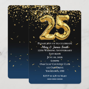 25th Anniversary Gold Balloons & Confetti  Invitat Invitation