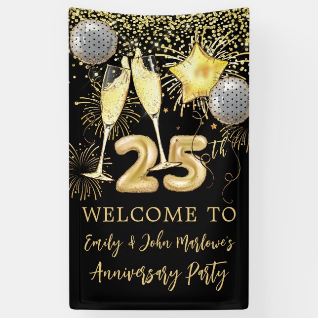 25th Anniversary Gold Glitter Confetti Champagne  Banner (Vertical)