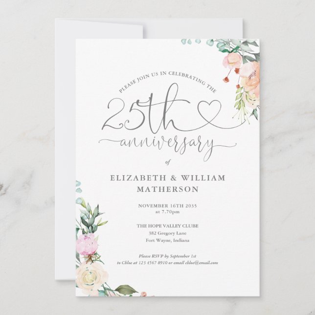 25th Anniversary Heart Script Floral Monogram Invitation (Front)