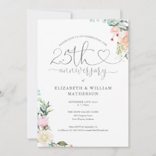 25th Anniversary Heart Script Floral Monogram Invitation