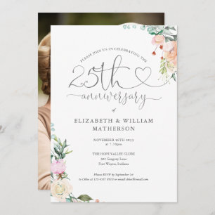 25th Anniversary Heart Script Floral Photo Invitation