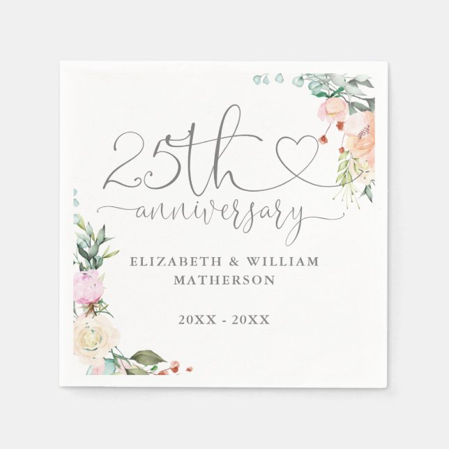 25th Anniversary Heart Script Roses Floral Napkin (Front)
