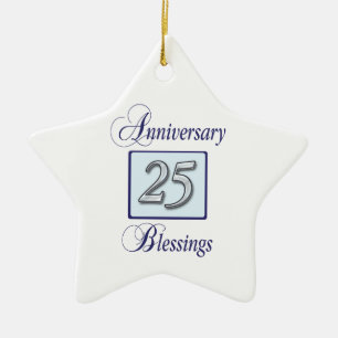 25th Anniversary in Blue and Silver Ceramic Tree Decoration