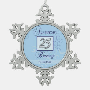 25th Anniversary in Blue and Silver Snowflake Pewter Christmas Ornament