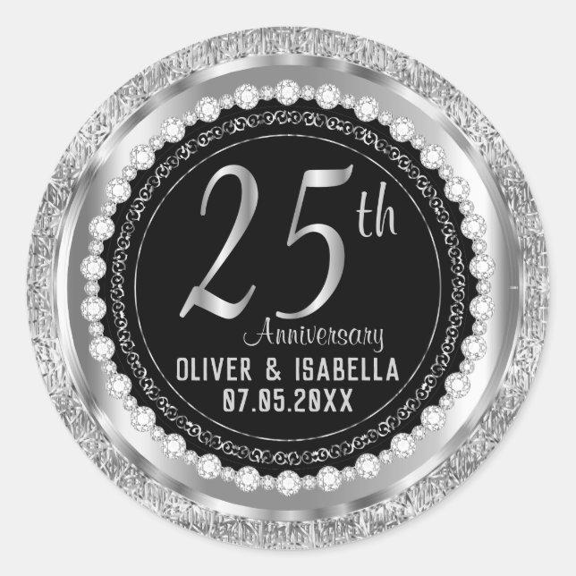 25th Anniversary in Silver Metallic and Black Classic Round Sticker (Front)