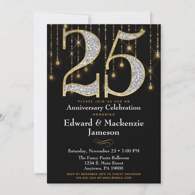 25th Anniversary Invitation Black Gold Diamonds (Front)