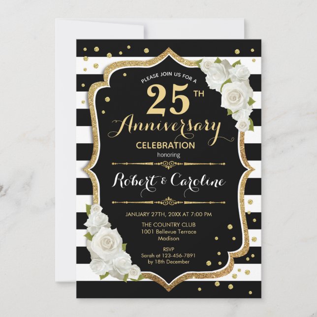 25th Anniversary Invitation - Black White Gold (Front)