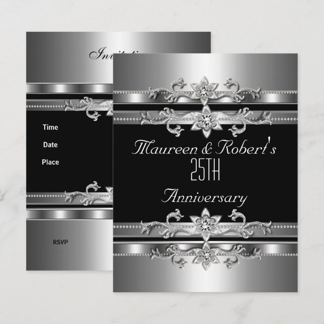 25th Anniversary Invitation Elegant Black Silver (Front/Back)
