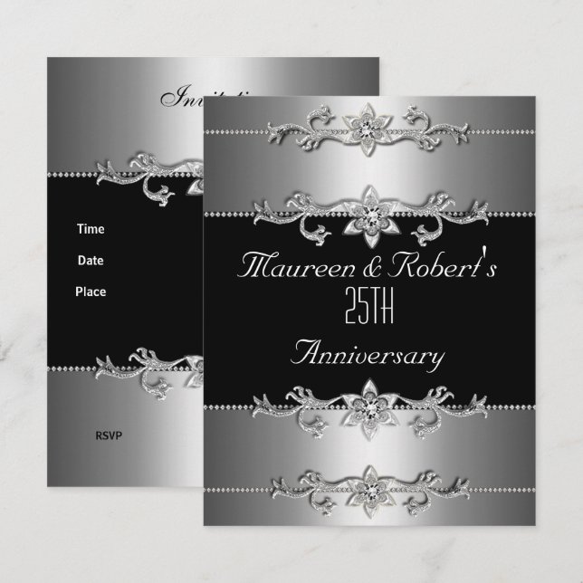 25th Anniversary Invitation Elegant Black Silver 3 (Front/Back)