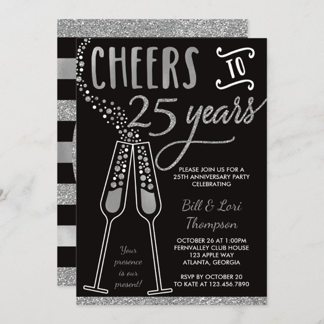 25th Anniversary Invitation, Faux Glitter/Foil Invitation (Front/Back)