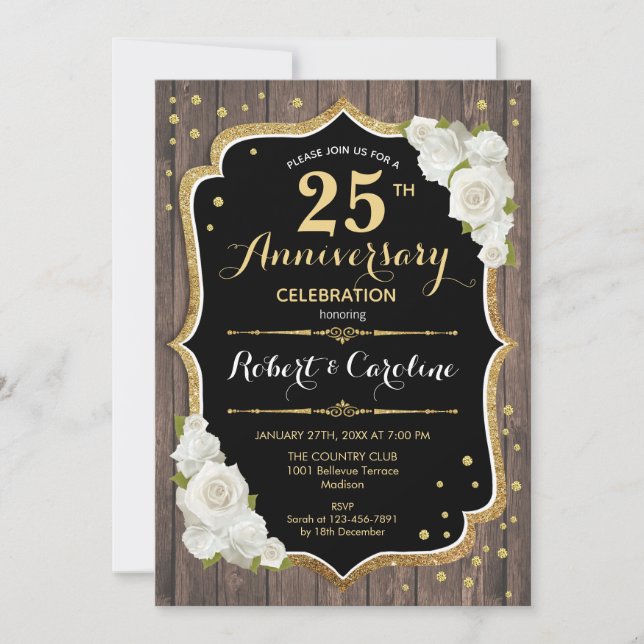 25th Anniversary Invitation - Rustic Wood Gold (Front)