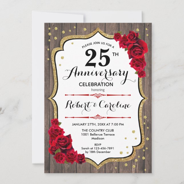25th Anniversary Invitation - Wood Gold Red (Front)