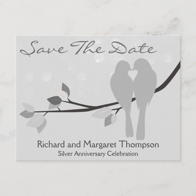 25th Anniversary Lovebirds Save The Date Announcement Postcard (Front)