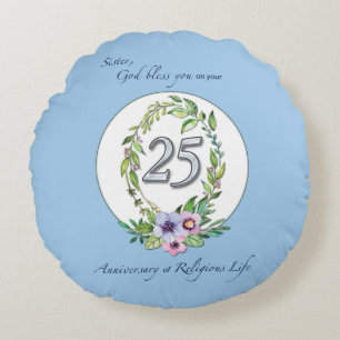 25th Anniversary of Catholic Nun Wreath and Silver Round Cushion