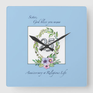 25th Anniversary of Catholic Nun Wreath and Silver Square Wall Clock