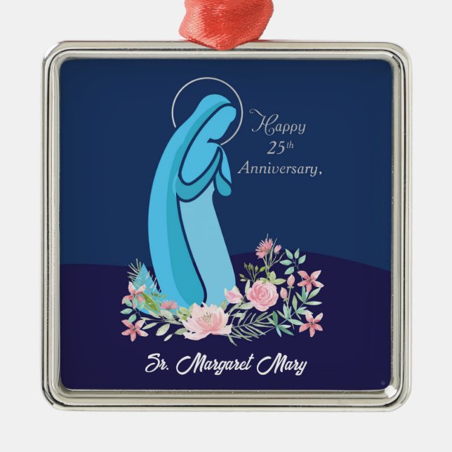 25th Anniversary of Religious Life Nun Pink Flower Metal Tree Decoration (Front)