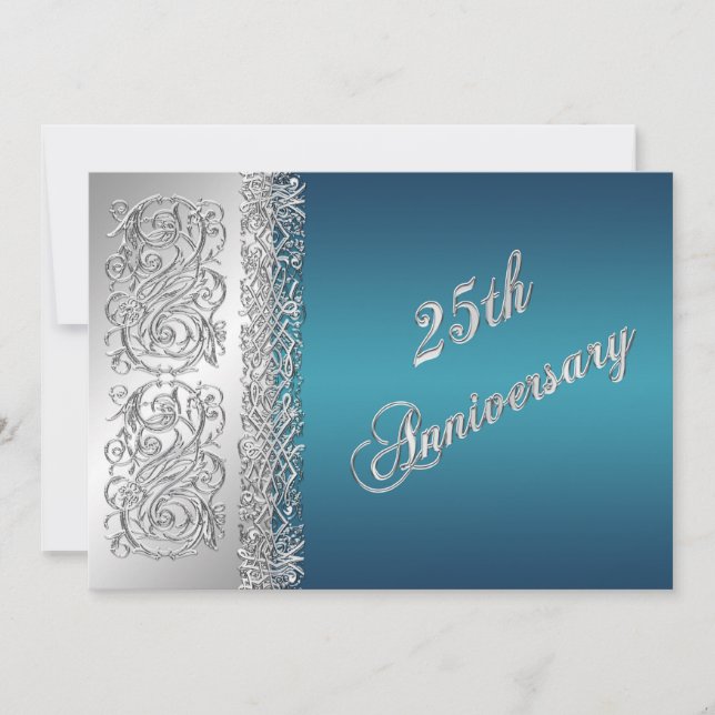 25th Anniversary Ornate Silver Scrolls with Teal Invitation (Front)