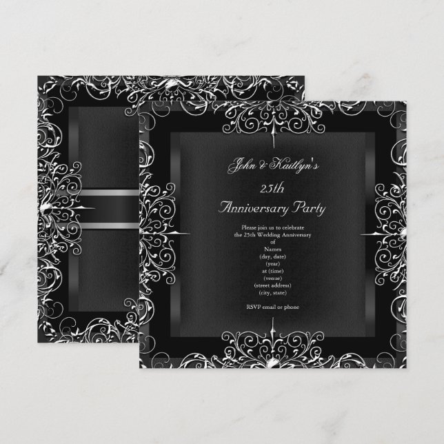25th Anniversary Party Chalkboard Silver Floral Invitation (Front/Back)