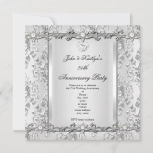 25th Anniversary Party Damask Diamond White Invitation