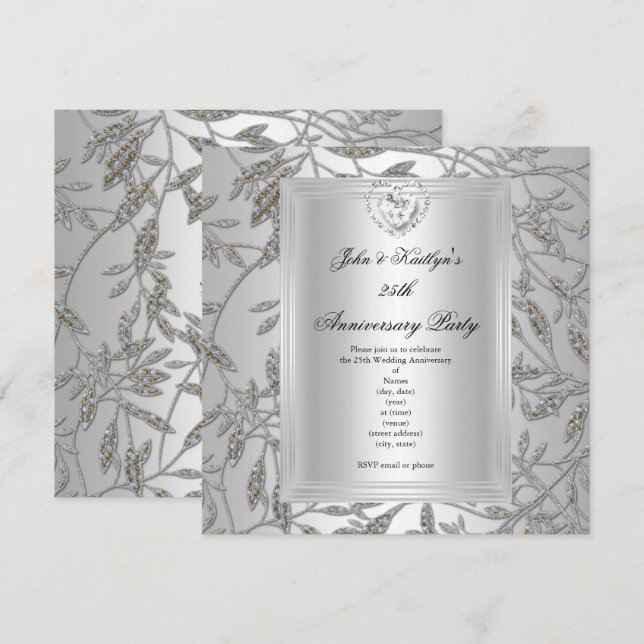 25th Anniversary Party Damask Silver Grey 2 Invitation (Front/Back)