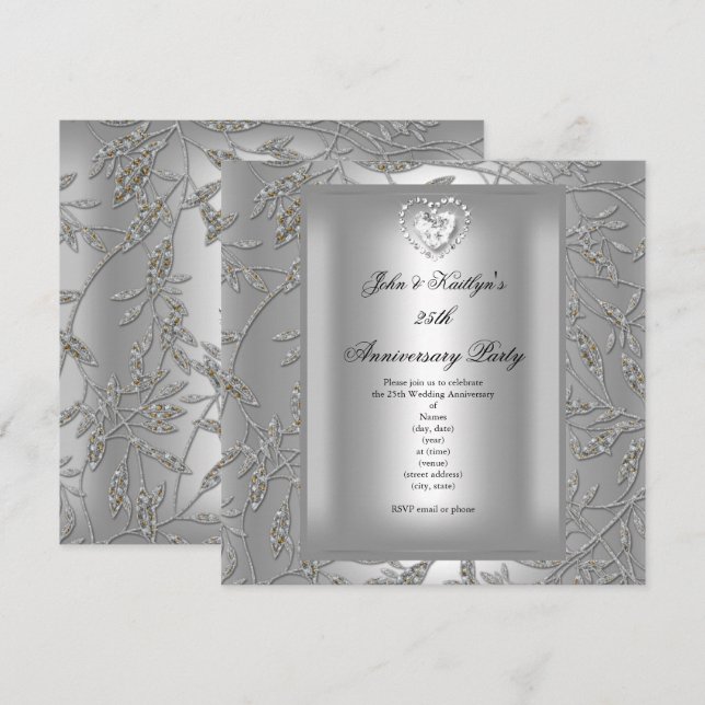 25th Anniversary Party Damask Silver Grey Invitation (Front/Back)
