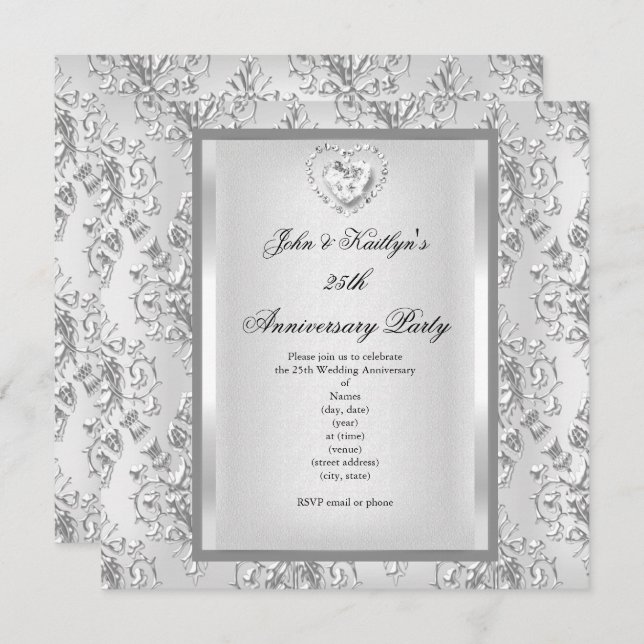25th Anniversary Party Damask Silver White 2 Invitation (Front/Back)