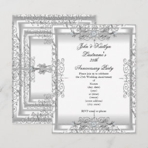 25th Anniversary Party Damask Silver White Invitation