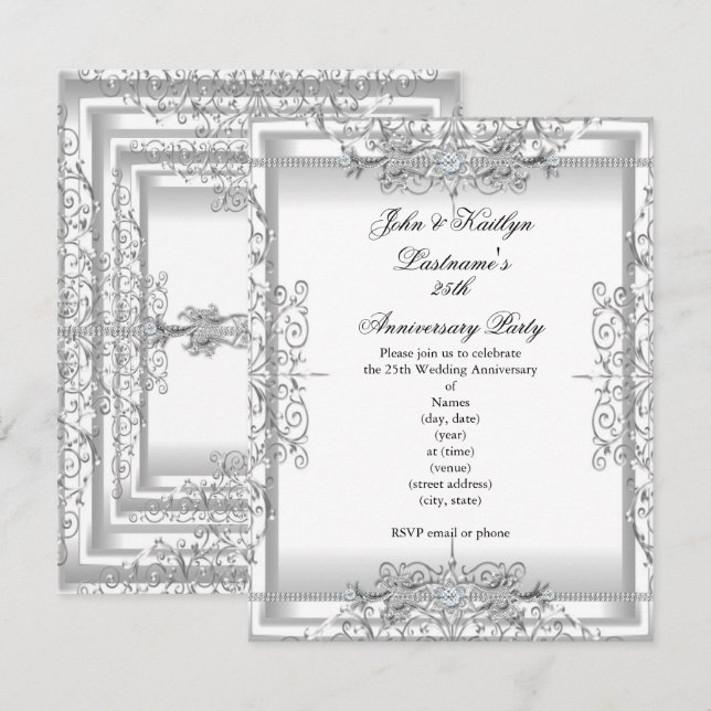 25th Anniversary Party Damask Silver White Invitation (Front/Back)