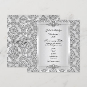 25th Anniversary Party Damask Silver White Invitation