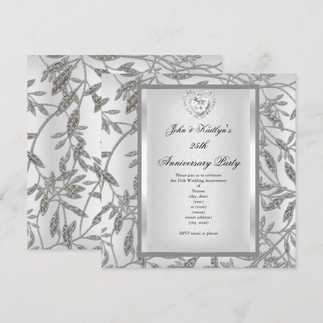 25th Anniversary Party Damask Silver White Invitation (Front/Back)