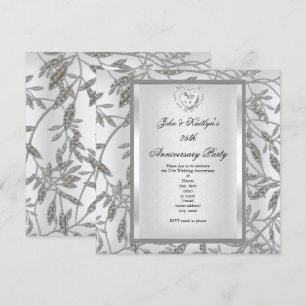 25th Anniversary Party Damask Silver White Invitation