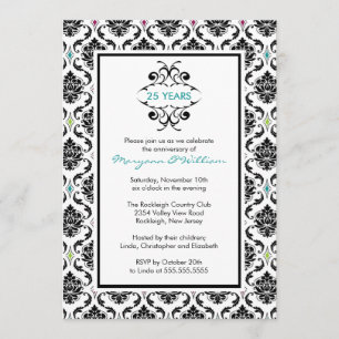 25th Anniversary Party Invitation Black Damask