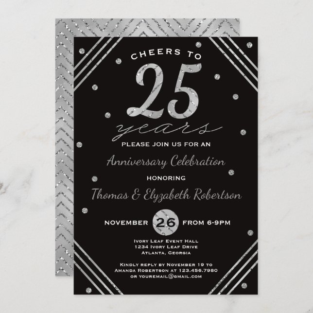 25th Anniversary Party Invitation, Faux Silver Invitation (Front/Back)