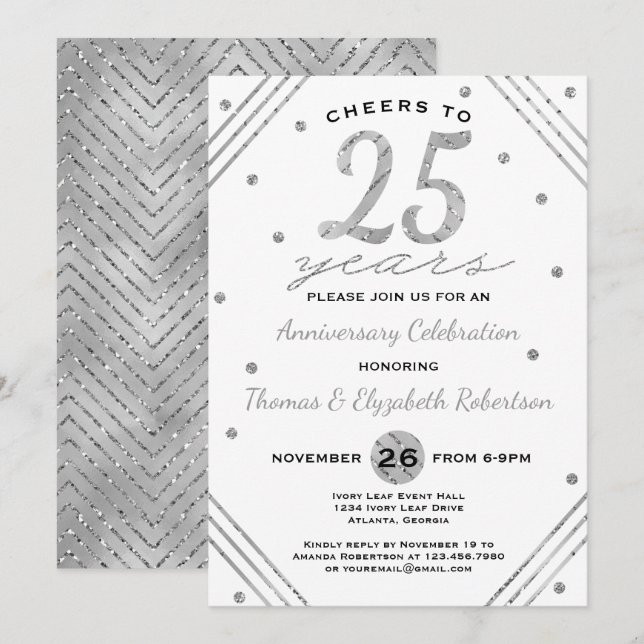 25th Anniversary Party Invitation, Faux Silver Invitation (Front/Back)