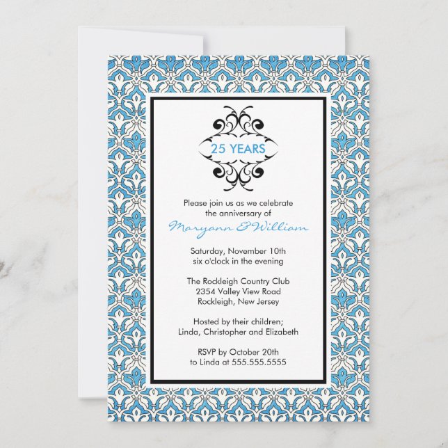 25th Anniversary Party Invitation Turquoise Damask (Front)