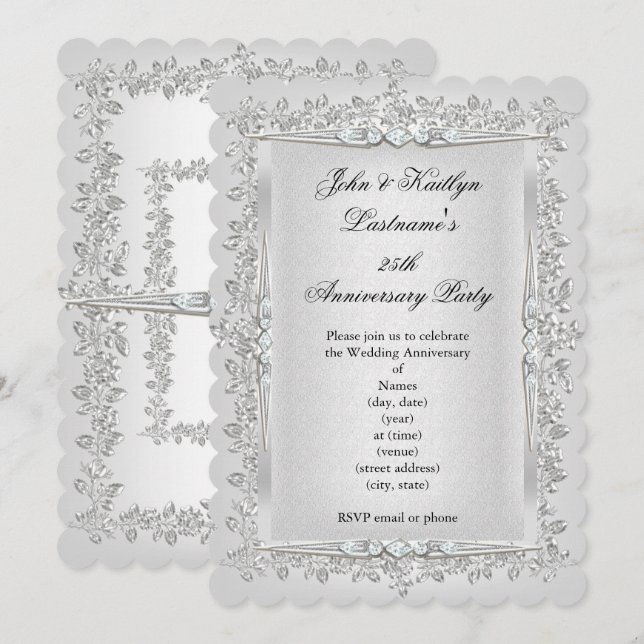 25th Anniversary Party Rose Damask Silver White 2 Invitation (Front/Back)