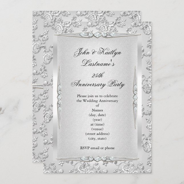 25th Anniversary Party Rose Damask Silver White Invitation (Front/Back)