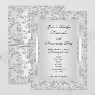 25th Anniversary Party Rose Damask Silver White Invitation