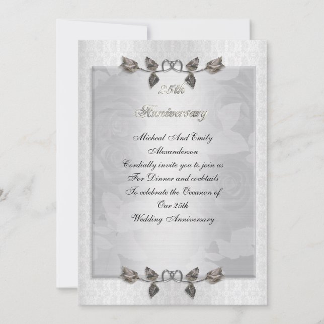 25th anniversary party silver roses formal invitation (Front)