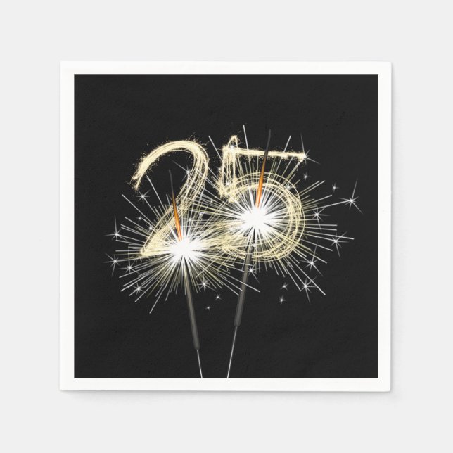 25th Anniversary Party Sparklers on Black  Napkin (Front)