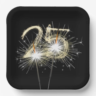 25th Anniversary Party Sparklers on Black Paper Plate