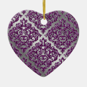 25th Anniversary Purple Sparkle Silver Damask Ceramic Tree Decoration