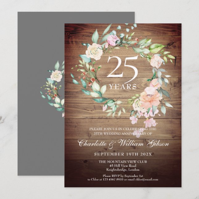 25th Anniversary Rustic Boho Wood Roses Garland Invitation (Front/Back)