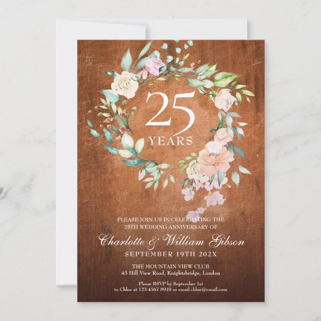 25th Anniversary Rustic Vintage Wood Roses Garland Invitation (Front)