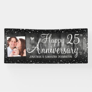 25th Anniversary Rustic Wood Photo Silver Confetti Banner