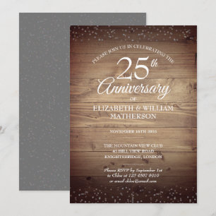 25th Anniversary Rustic Wood Silver Stardust  Invitation
